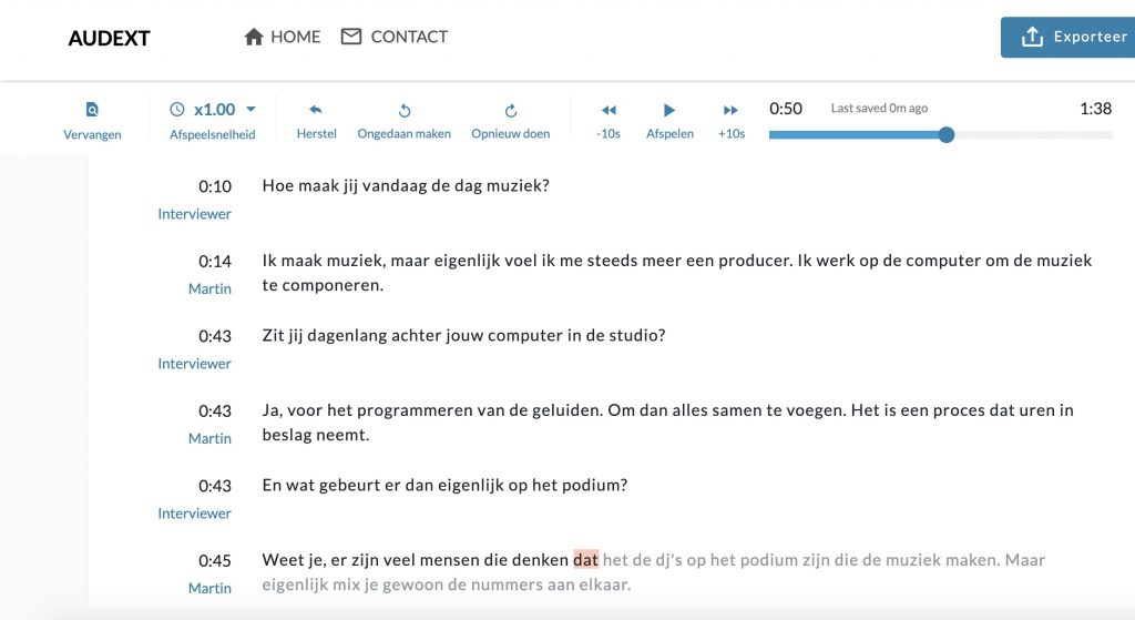 Screenshot uit Audext van een transcriptie van een interview